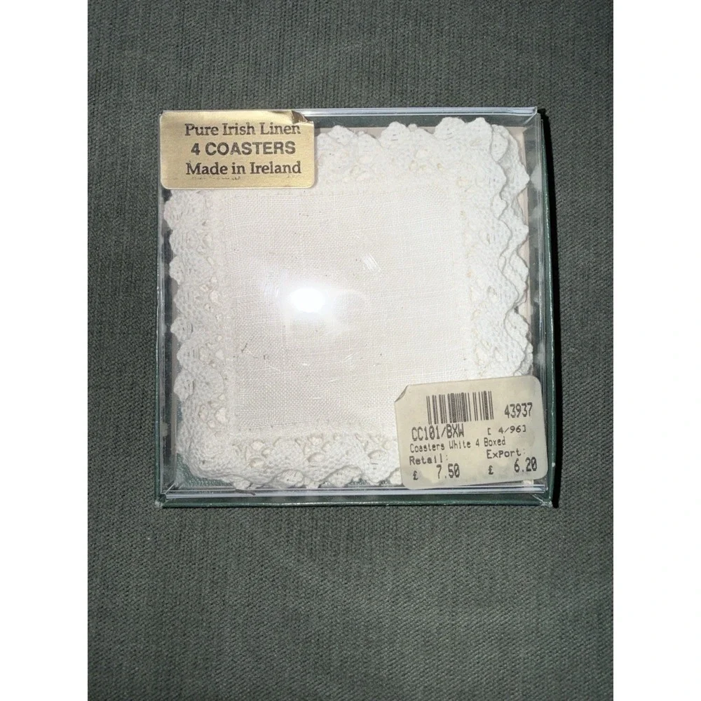 set of 8 pure Irish linen coasters,white w/lace‎ edge